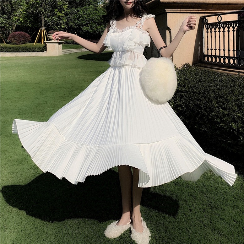 レディース セットアップ ドレス トップス スカート 上下 2セット ツーピース フリル ペプラム キャミソール ロング プリーツ フレア ティアードスカート 白 ホワイト ワンピドレス