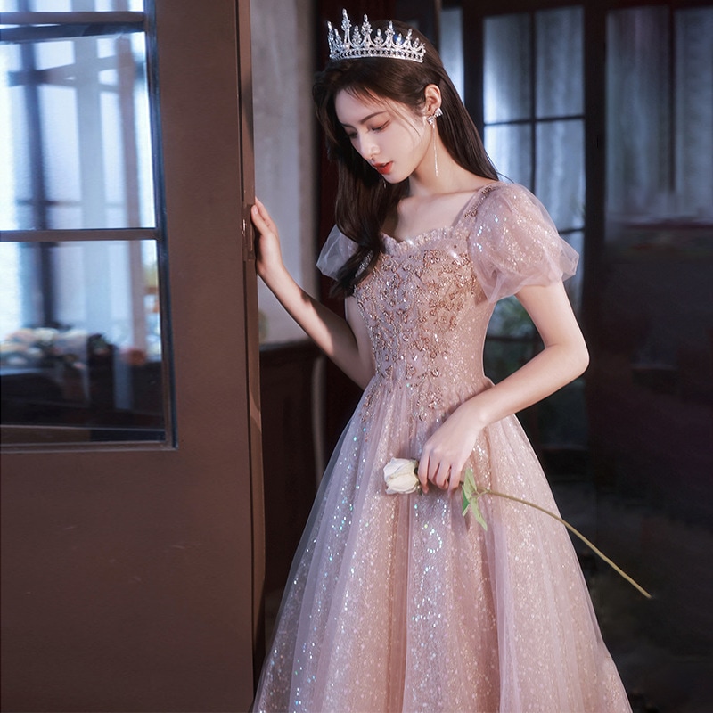 ピンクのドレス宴会スタイル秋のシンでエレガントなロングスカートホスト芸術試験ロングスタイル