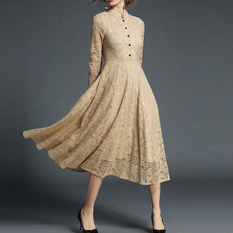 レディース スカート ワンピース ドレス ロングスカート レーススカート ミモレ 長袖 ハイネック スリム 細身 Aライン スマート レース レースアップ 透け感 ボタン 薄手 かわいい 大人可愛い