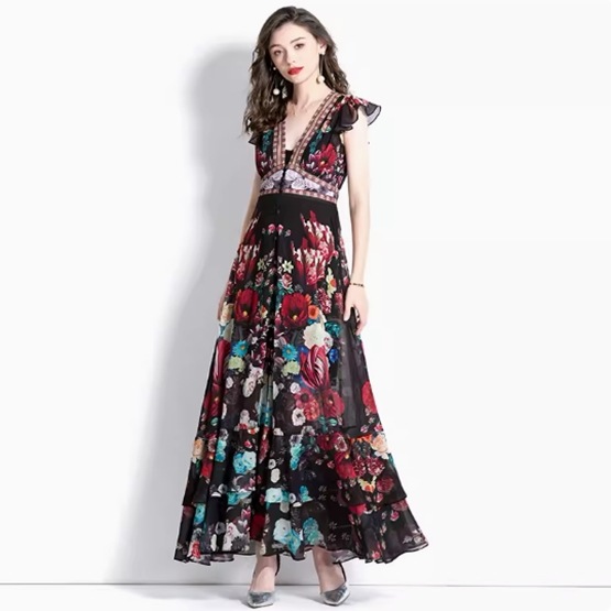 ワンピース ドレス レディース ロング 袖なし ノースリーブ フリル袖 Vネック 襟なし タイト スリム Aライン フェミニン ハイウエスト きれいめ 上品 おしゃれ エキゾチック こなれ感 個性的