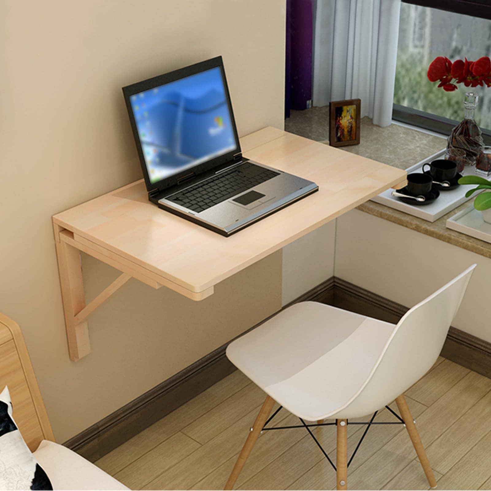 省スペース折りたたみ式壁掛けデスク - パイン無垢材 キッチンダイニング屋外庭に最適なコンパクトな折りたたみ棚 コーナードロップリーフテーブル (L60xW40cm)