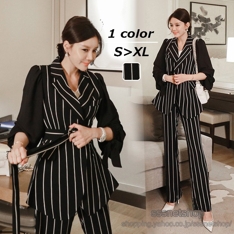 2点セット セットアップ コート+パンツ レディース ストライプ柄 長袖 スーツコート ロング丈パンツ カジュアル 通勤 オフィス 韓国風 ワイド