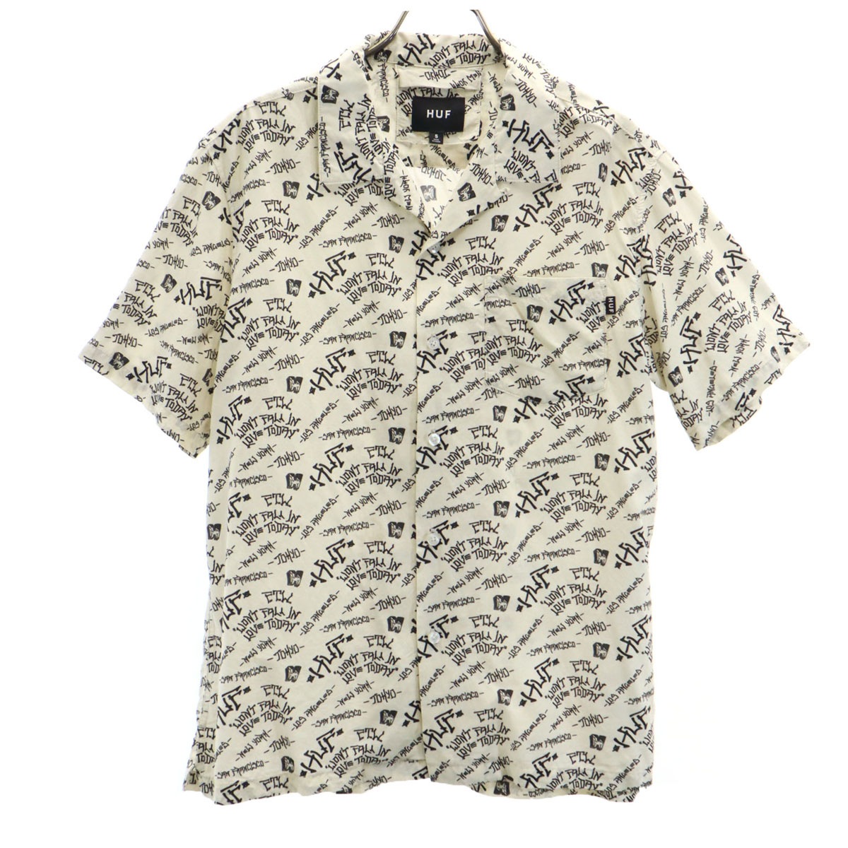 日本製 総柄 半袖 オープンカラーシャツ S アイボリー メンズ 古着