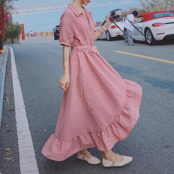 個性的 春服 夏服 秋服 ニュアンス シャツワンピ ベルト付 レディース ワンピース ロング 袖あり 半袖 襟付き フレア フリル インスタ映え モテ 流行 トレンド 体型カバー オフホワイ