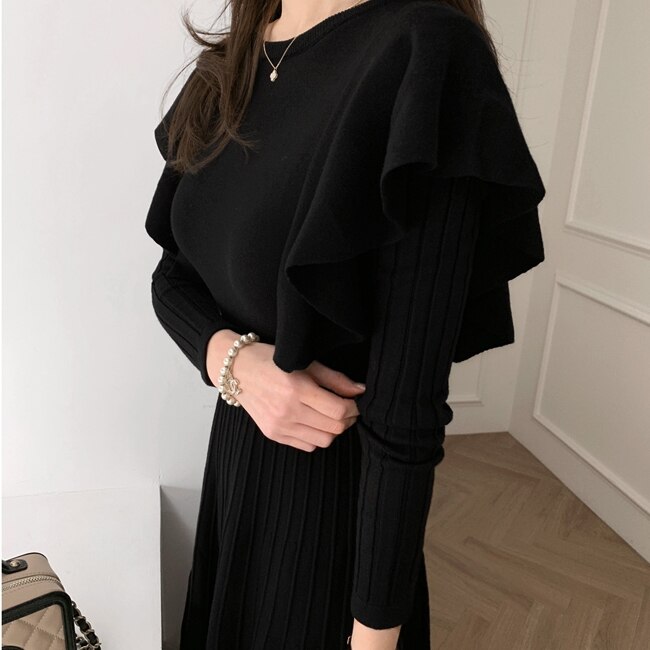 2色 ワンピース 長袖 秋冬 きれいめ ロング ニット ワンピ 膝下 ミモレ丈 ロング 7分丈 ミディアム丈 ミドル丈 フリル袖 ボリューム襟 Uネック ラウンドネック 襟なし スリム タイト