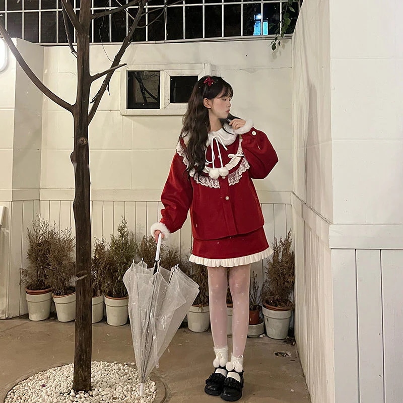 クリスマスセットレッド 冬服 ショット丈ウールコート+セクシーミニスカー ト+長袖シャツ 上下3点セット 5,280円