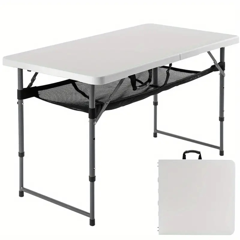 コンパクト折りたたみテーブル 軽量 高さ調節可能 2段式 アウトドアピクニックデスク 収納ネット付き キャンプ BBQ アウトドアアクティビティに便利 120cm×60cm ホワイト キャンプ必需品