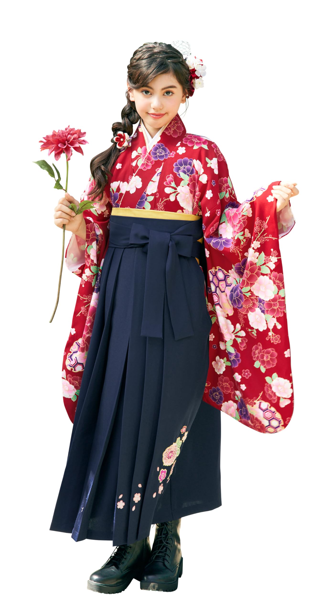 [アリサナ] 袴 小学生 セット 卒業式 女の子 着付け不要 簡単 (着物+半襟付き襦袢+袴+帯枕付き帯+腰紐の5点) E.レッド着物×紺袴 150cm