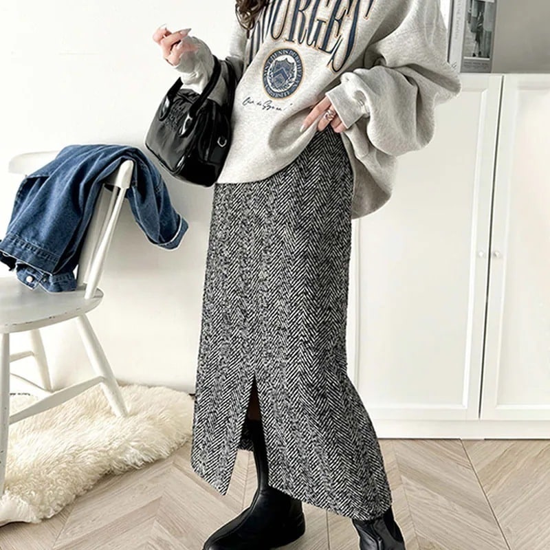 ボトムス スカート レディース ツイード ヘリンボーン ハイウエスト タイトスカート ロング 丈 フロント スリット ウエスト 後ろ ゴム 美 シルエット 上品見え 大きいサイズ
