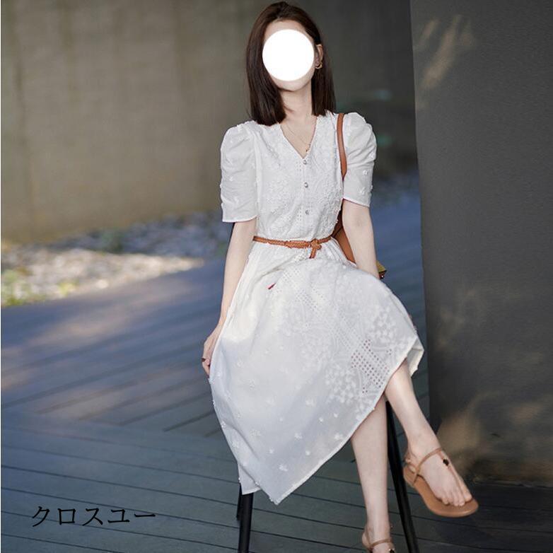 ワンピース レディース 夏 半袖 レース刺繍 ロングワンピース マキシワンピース きれいめ 白 ロング丈 カジュアル おしゃれ Aライン 4,827円