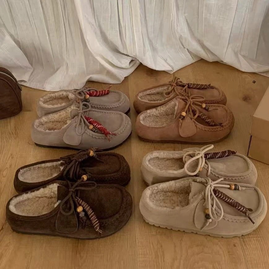 【最安値に挑戦】【人気商品】2025 秋冬 レディース カンガルー毛 ボーケンハーフスリッパメラード調 厚底 フリース入りモカシン 防雪 外履き 一脚蹬シューズ