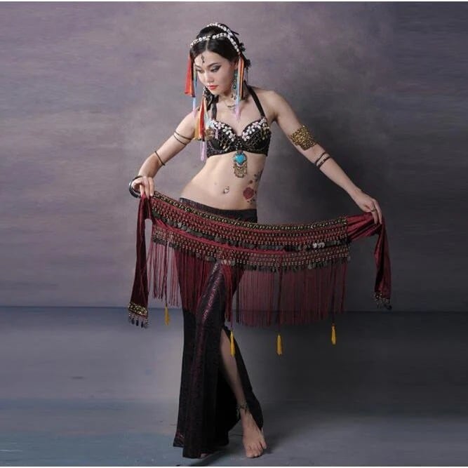 【短納期】超低価 格ラッ スリット パンタロン フリンジヒップスカーフ ブラジャー ステージ衣装 舞台 衣装 ダンス 民族 エスニック 大人 レディース 衣装3点セット ベリーダンス