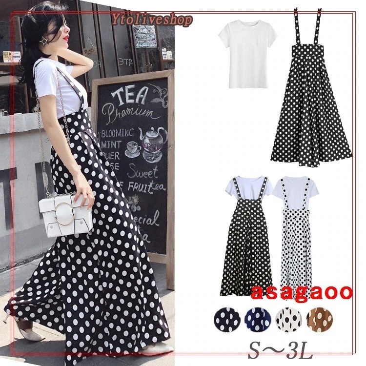 サロペットレディースドット柄ワイドパンツ体型カバー水玉柄オールインワン薄手女性用夏物ボトムスキュロッ 母の日 母の日-0002884