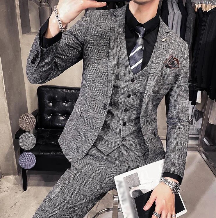 イギリス風結婚式スーツスーツセットビジネススーツメンズ3ピーススーツチェック柄スリムカジュアルスーツ3点セットジャケット+ベスト+パンツシングルスーツ入学式卒業式入社通勤披露宴二次会紳士服上下セット大