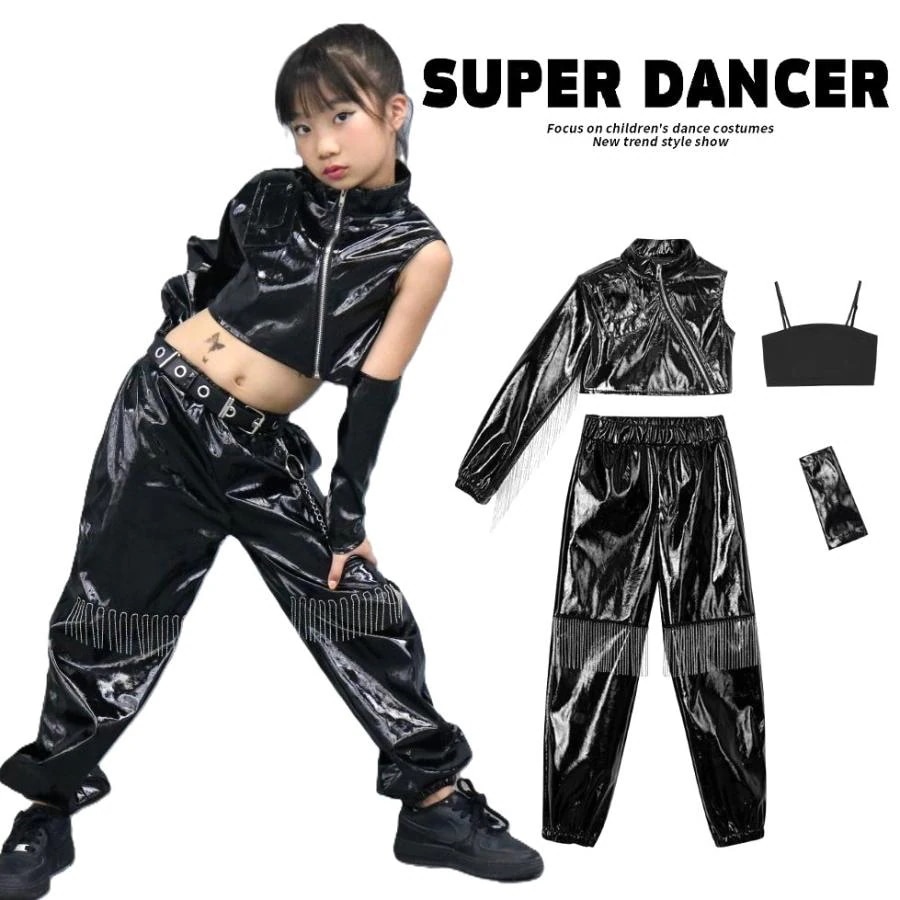 新しいダンスウェア ダンス衣装 ガールズ 衣装 黒 レザー K-POP 韓国 セットアップ へそ出し トップス パンツ 子供ダンス服 ダンスウェア キッズダンス衣装2つの方がお得です