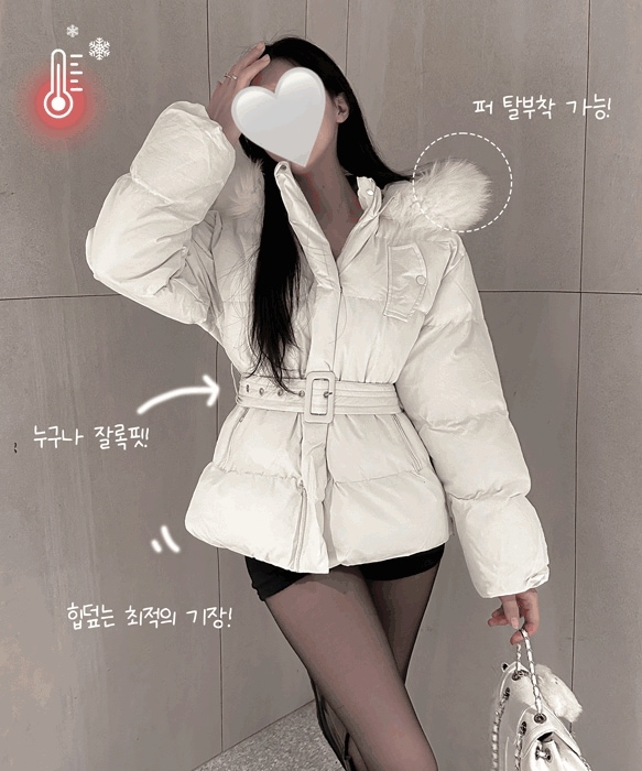 [誰でもくびれたフィット/ファー脱着] フェイク フォックスファー フパーカーウェロン ベルト 腰紐 ショート ハーフ ダウン ジャンパー(3colors)