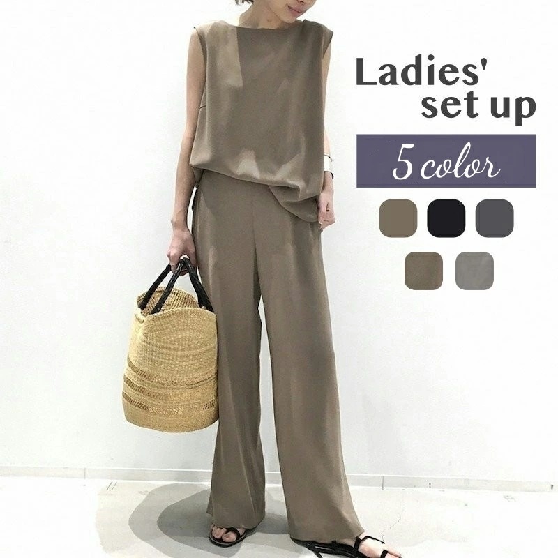 セットアップ 上下セット ブラウス ロングパンツ レディース 女性用 無地 半袖 ノースリーブ ラウンドネック 長ズボン ハイウエスト ゆったり おしゃれ 可愛い カジュアル 通勤 部屋着 お出かけ