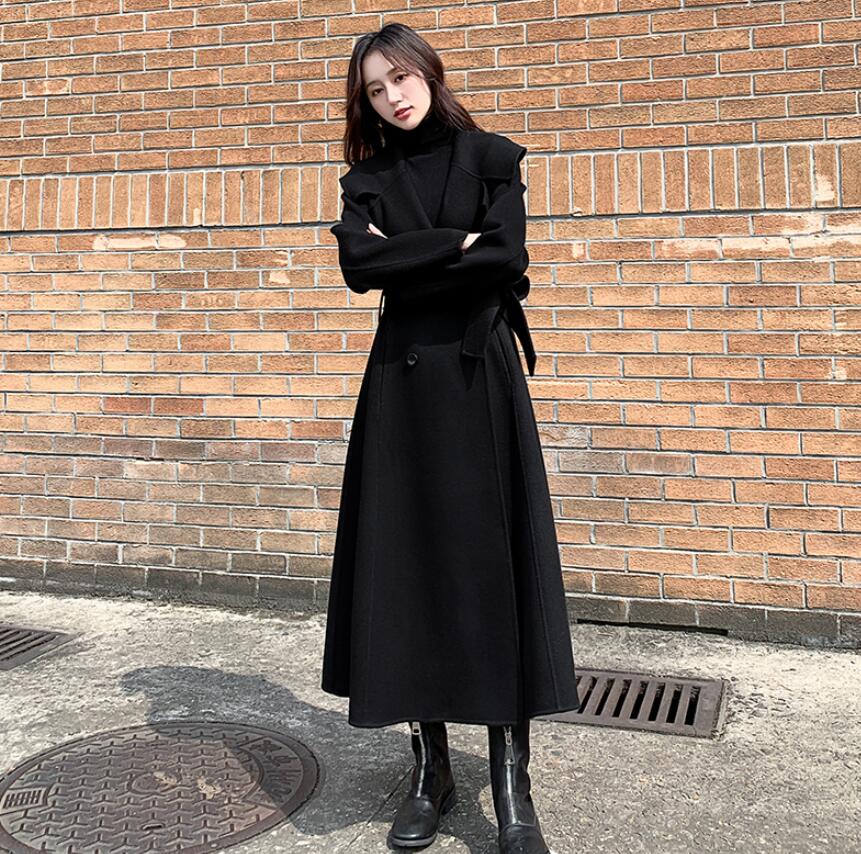 チェスターコート　レディースロングコート　 マキシコート　ゆるっとコート　　膝下丈　アウター　秋冬物 冬物 冬服 ロングコート　通勤　OL　体型カバー　フレア　Aライン　黒　ブラック