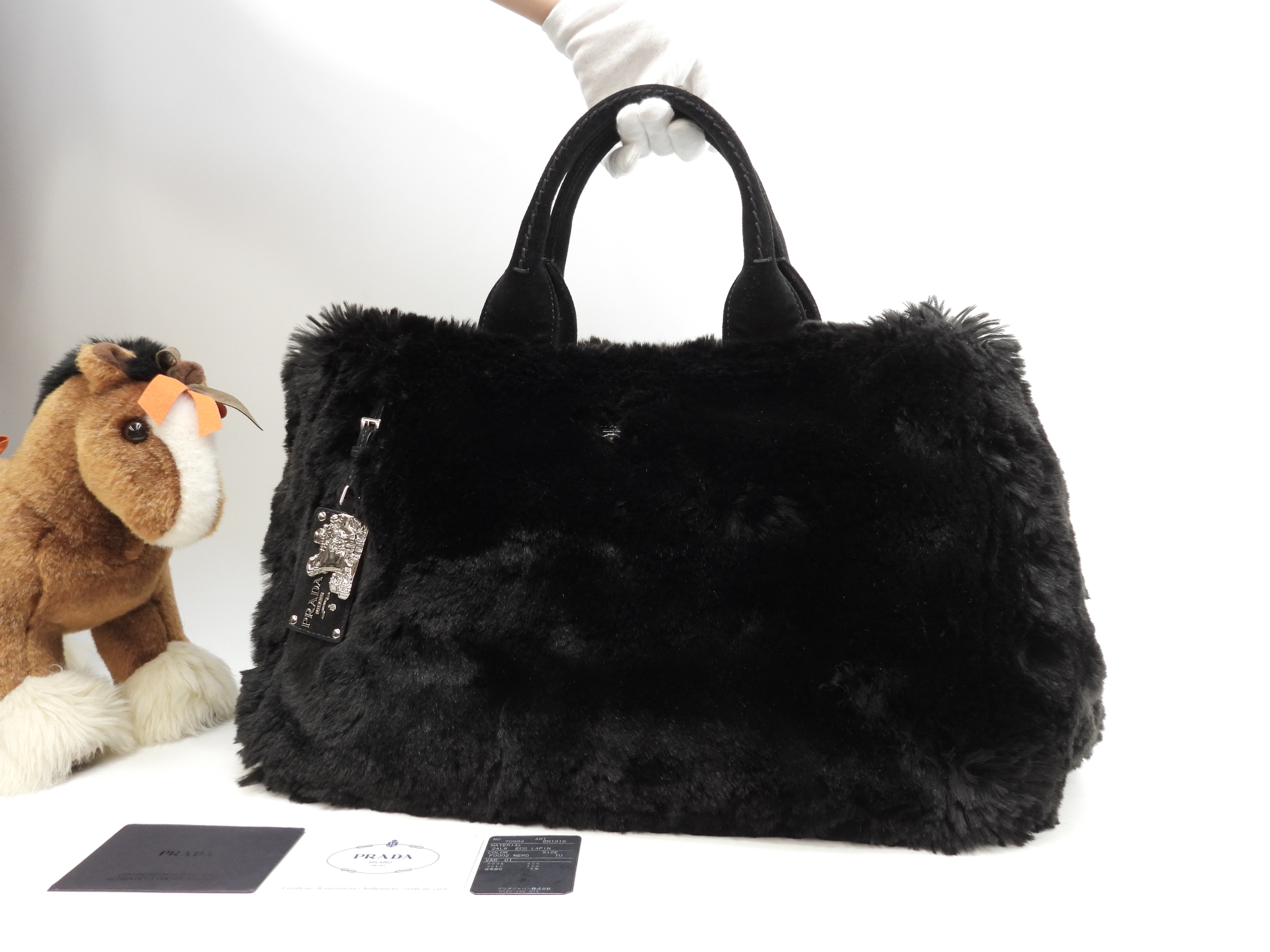 カナパGM フェイクファー 黒 ハンドバッグ大 トートバッグ大 美品@158