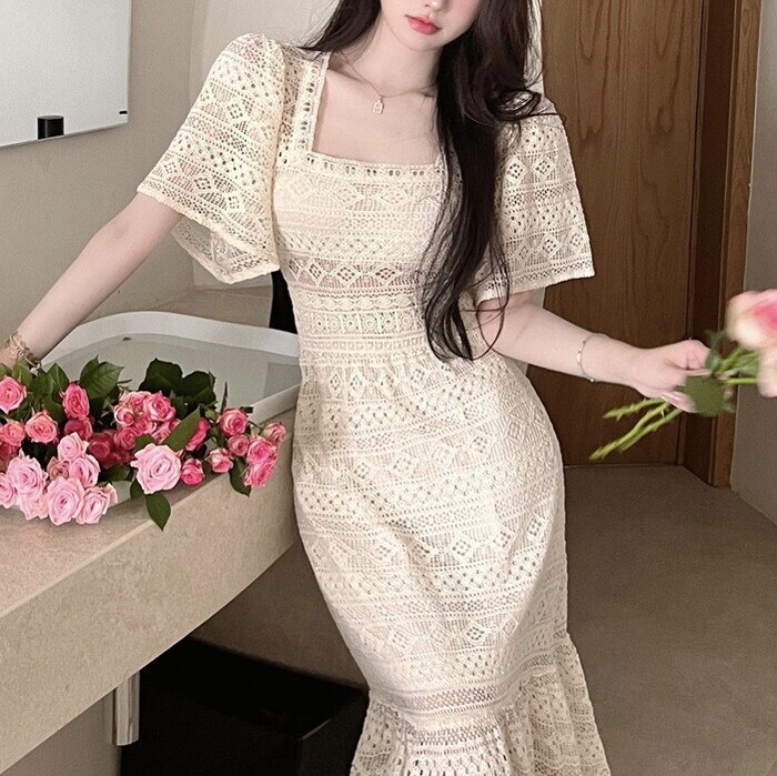 夏 新作 2022 レディース ワンピース ドレス ロングワンピース ロング丈 ミモレ丈 レースワンピース レースドレス レース 総レース 幾何学柄 半袖 ワイドリーブ スクエアネック