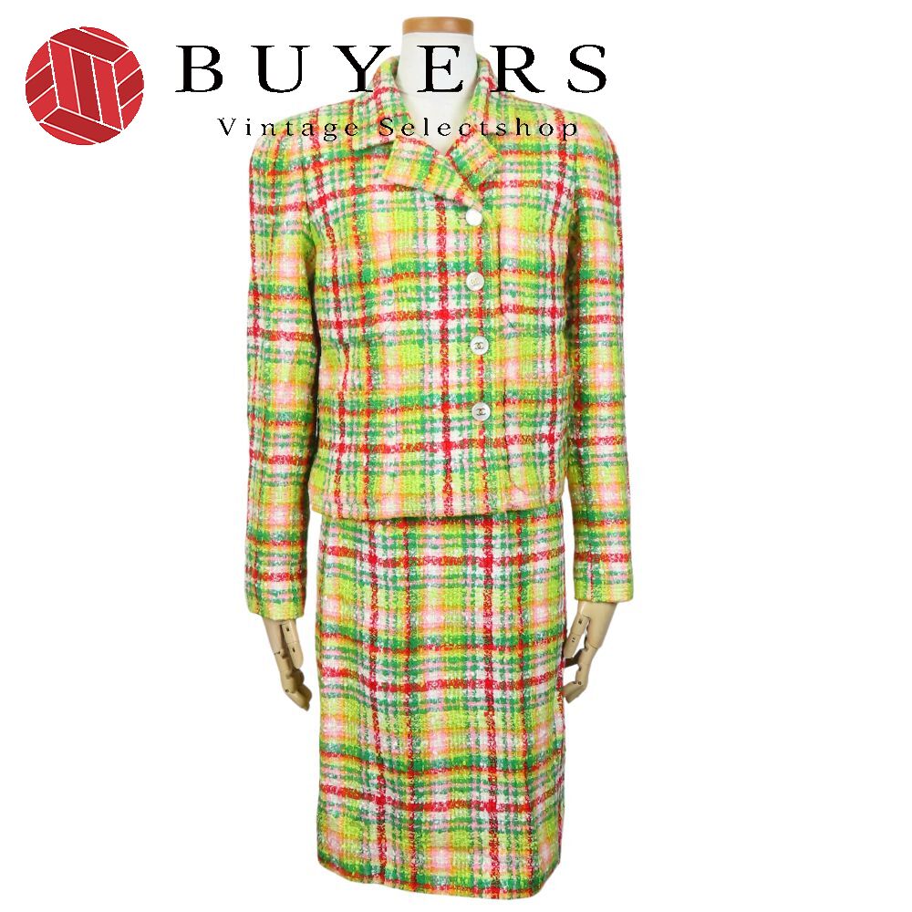 中古 セットアップ 36 コットン レーヨン ウール グリーン系 赤 マルチカラー ツイード ココボタン アパレル レディース 女性