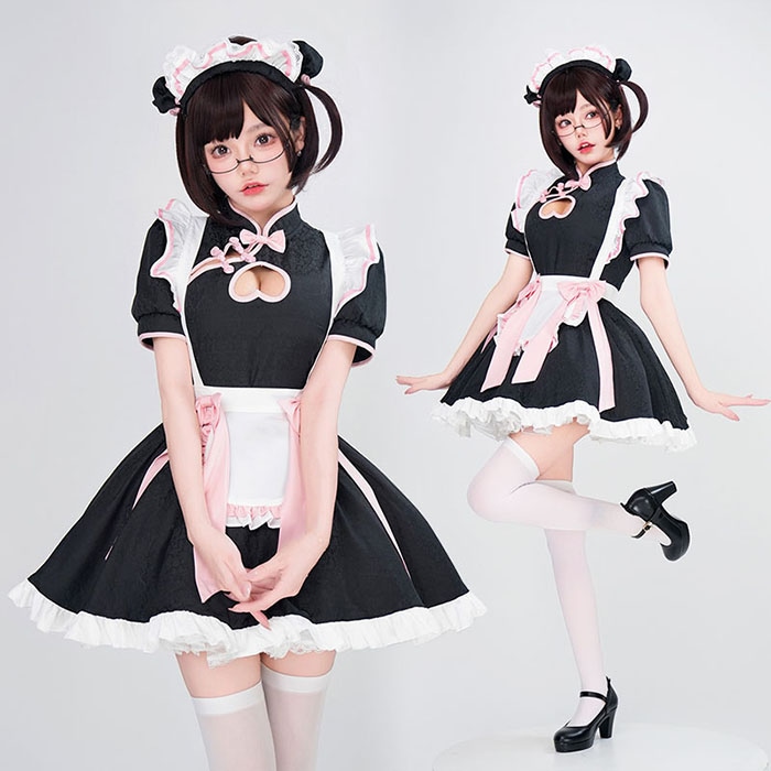 メイド服 ロリータ ハロウイン衣装 コスプレ ワンピース 中華風 ロリータドレス ウェイトレス レディース 半袖 チャイナドレス 可愛い セクシー コスプレ衣装 Lolita服 カチューシャ付き ハロ