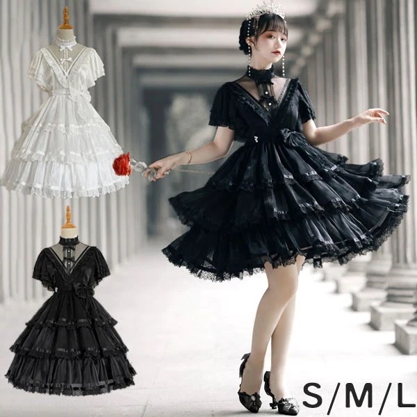 ハロウィン 仮装 大人 女性 ロリータ ゴスロリ ワンピース Aライン Lolita リボン 透け感有り 膝丈 レース レディース コスチューム クラロリ 衣装 かわいい フリル 仮装 パーティ イベ