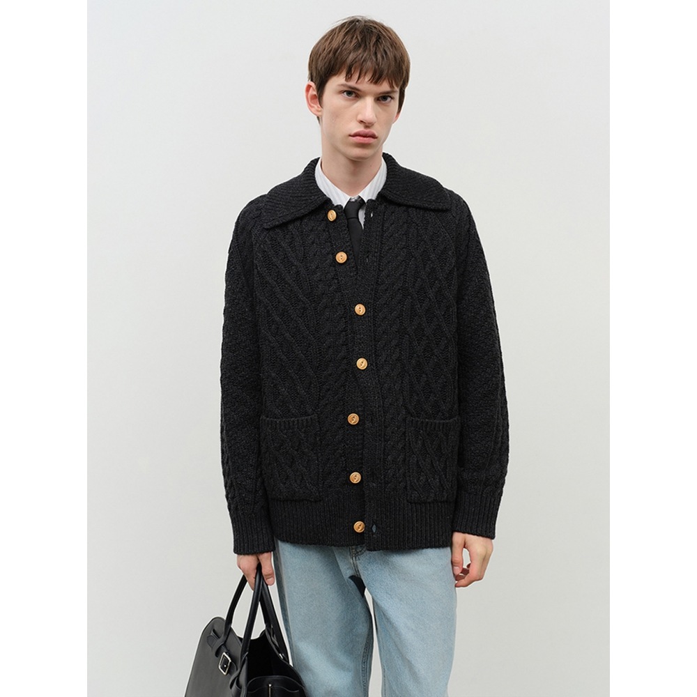 Dunst 男性用ユニセックスフィッシャーマンニットカーディガンチャコールブラック M UDSW4D129BK