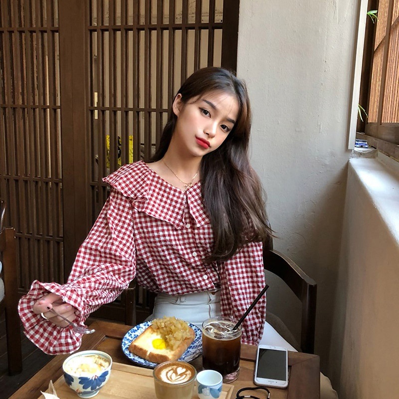 ビッグカラーチェックブラウス フリル袖 ガーリー デート 人気 0458t