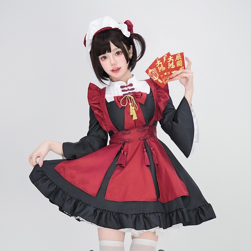 新しい中国風のお祝いの赤いロリータメイド衣装コスプレドレスロリソフトガールコスパフォーマンス衣装