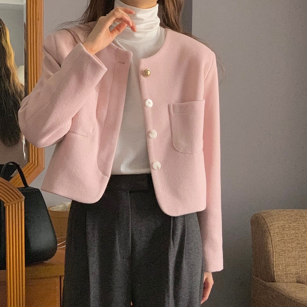 韓国ファッション ヒドゥン ノーカラー ヘリンボーン クロップ ウール ジャケット