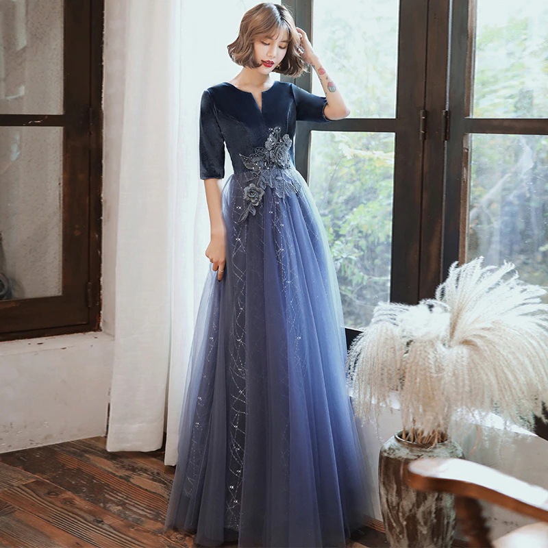 新しいレディースイブニングドレス新年スタイル宴会ソロパフォーマンスホスト芸術試験ロングベルベットドレスに最適 6,869円