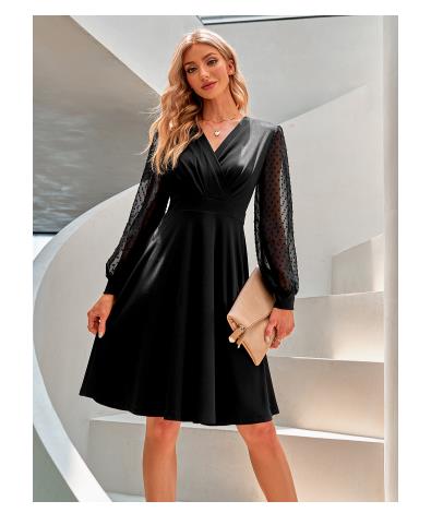 秋と冬の新しいトレンドv-ネックヨーロッパとアメリカのブルーミングドレス