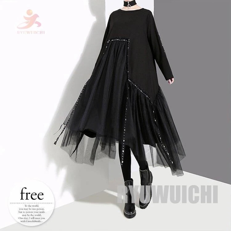 ワンピース レディース 長袖 ルスカート おしゃれ モード系 かっこいい 大人スタイル ブラック モダン イベント清楚 可愛い レディース 美人