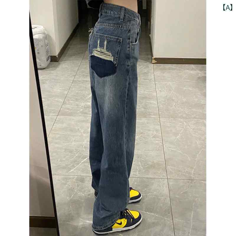 デニムパンツ レディース ダメージ ジーンズ クラッシュ ボトムス 大きめサイズ ストレート ワイド カジュアル ブルー