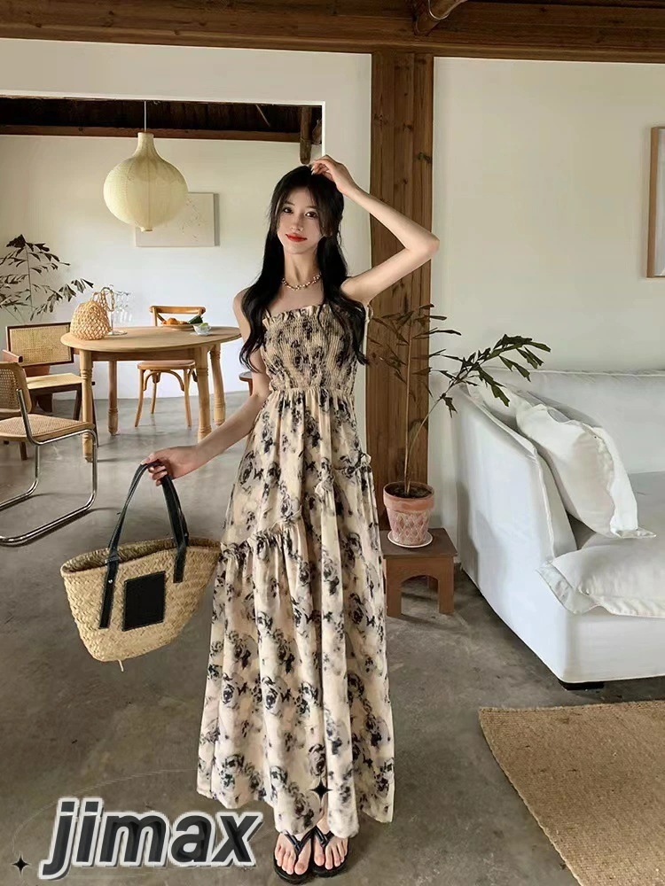花柄ワンピース ワンピース 夏 レディース 花柄 吊りワンピース 旅行 きれいめ 40代 春 秋 カジュアル 30代 韓国風 大きいサイズ ゆったり 体型カバー 着痩せ マキシ丈 おしゃれ シフォンワ