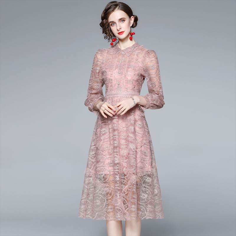 ワンピース ミモレ丈 膝丈 ドレス ピンク 総レース レトロ ガーリー 個性的 パーティードレス カジュアル 長袖 透け感 フレア ワンピドレス シャツ風 ひざ丈 結婚式 二次会 お呼ばれ Aライン