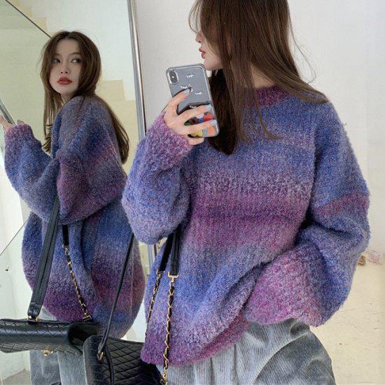 ニットレディース長袖トップスグラデーション厚ニットセーターオーバーサイズざっくりニットゆったり体型カバーメンズライクベーシック大人カジュアルおしゃれかわいいカジュアルスタイルパープルブルーグレー大きい