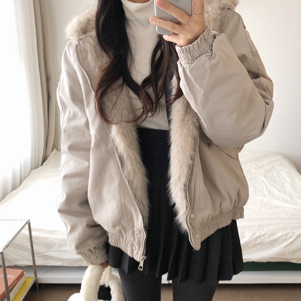 韓国ファッション リブ キルティング 裏地 フェイクファー フード ダウン ジャンパー