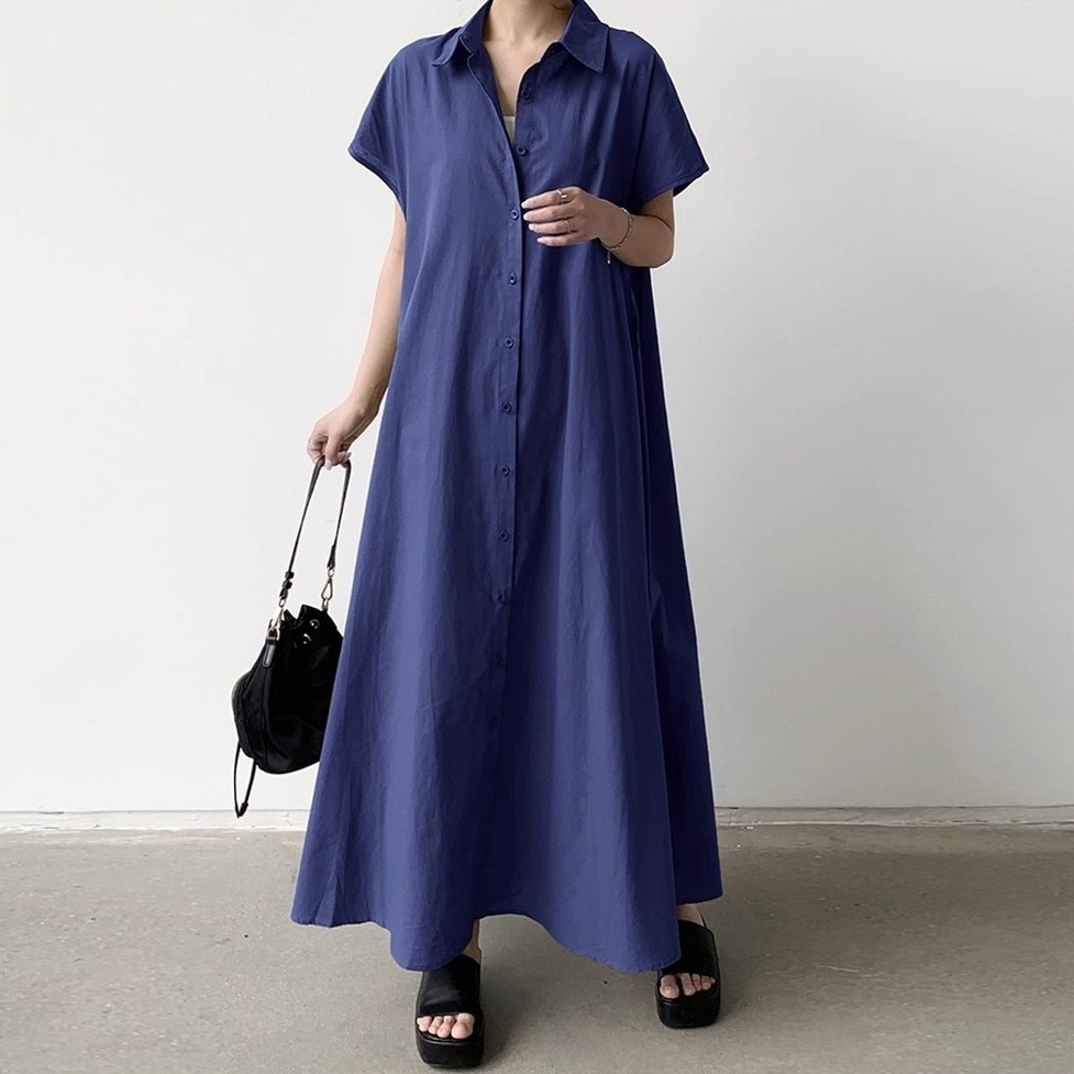 ワンピース シャツワンピース マキシワンピース ロングワンピース マキシシャツワンピース 襟付き 半袖 マキシ丈 ロング丈 フレア 無地 オーバーサイズ シャツドレス レディース かわいい 大人可愛い
