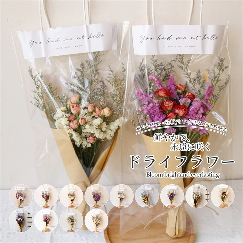 【1つ買うと10つ無料】ドライフラワー ブーケ かすみ草 スターチス スタイル 人工観葉植物 花材 花束 手提げ袋付き 母の日プレゼント お礼 装飾用 ギフト用 インテリア