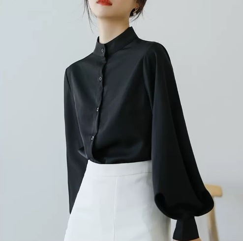 トップス 個性的 エレガント ブラウス 長袖 ボリューム袖 ハイネック ボタン 前開き 薄手 きれいめ シンプル 上品 おしゃれ お洒落 かっこいい レトロ 可愛い 女子 こなれ感