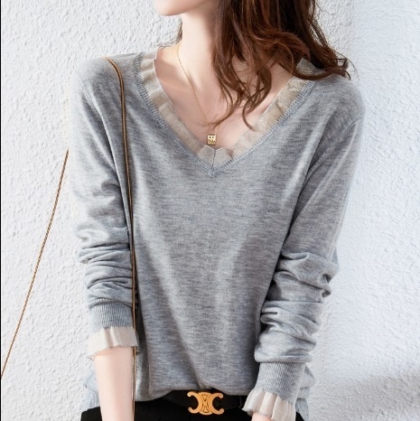 Vネックトップス フリルニットセーター フリルステッチ 長袖ニットセーター カジュアルニットセーター トップス セーター プルオーバー 袖あり 長袖 萌袖 Vネック スリム 細身 Iライン スマート