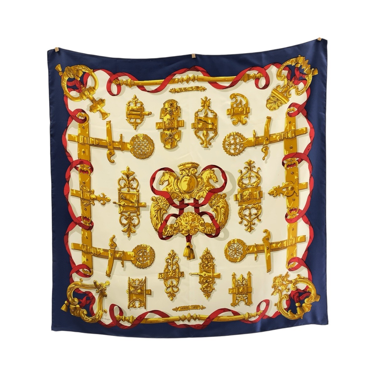 フェロンヌリ 鉄細工 かれ90 ブルー ゴールド ホワイト シルク スカーフ 大判スカーフ レディース 503655