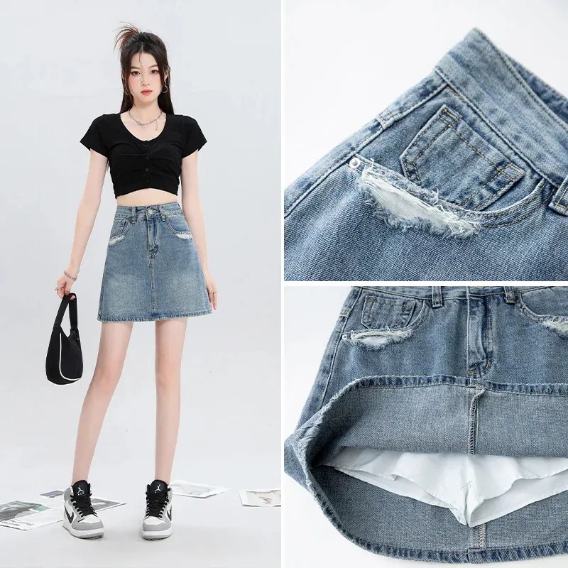 裏地付き露出防止デニムショートスカート女性ため 新デザイン着用ハイウエスト薄いスタイル痩身 a ラインスカート