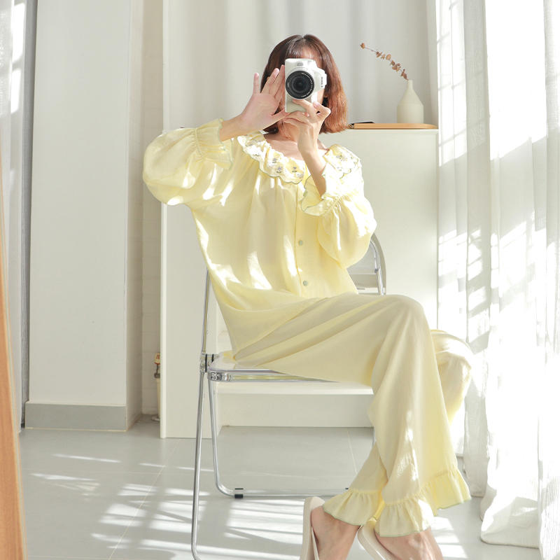 シルクパジャマ レディース 上下セット 春秋 寝巻き ルームウェア 部屋着 可愛い 長袖前開き ロングパンツ 4色