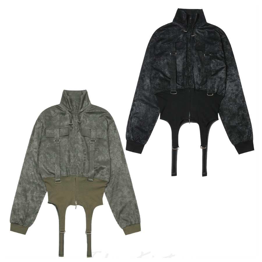 [L.E.E.Y] GLOSSY BELT HIGH NECK ZIP-UP