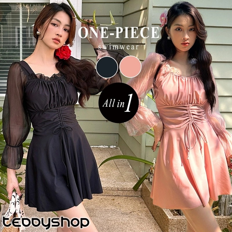 水着 ワンピース 体型カバー レディース 胸パッド付き オールインワン シアー スクエアネック キャンディスリーブ リボン ドロスト ノンワイヤー バスト 盛れる 二腕 ウエスト ヒップ 太もも カバ