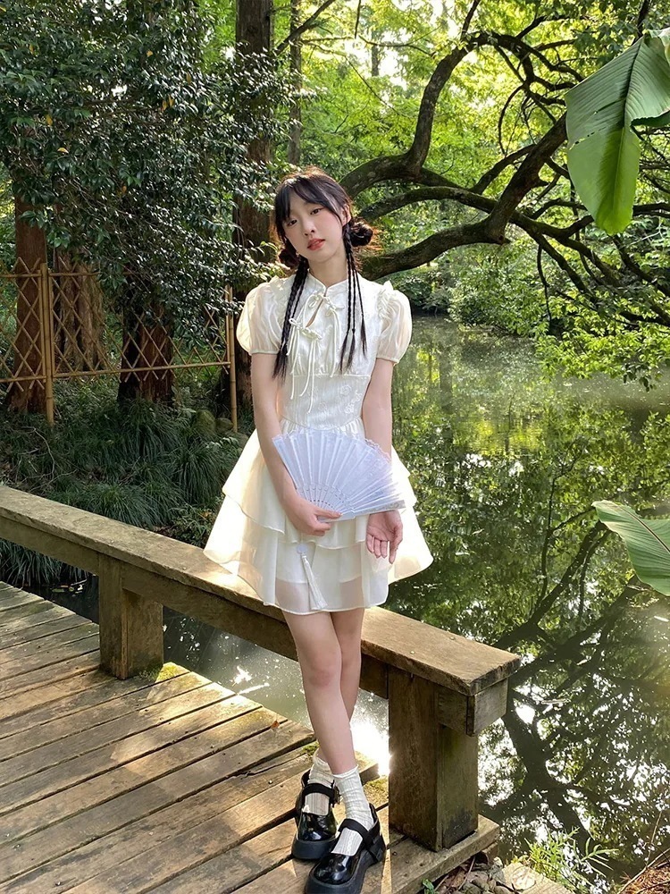 ロリータ コスプレ 春夏 中国風 チャイナドレス ワンピース ホワイト 可愛らしい ティーブレイクドレス