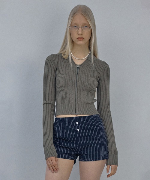 Cable Collar Knit Zip-Up Khaki